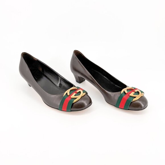 Gucci Interlocking GG Web Stripe Pumps EU 38 US 8 Brown Leather Low Block Heel - Picture 1 of 15